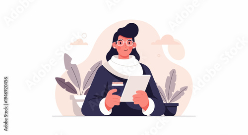 A woman in a dark jacket and white scarf reads a tablet amidst houseplants