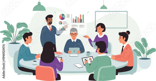 Diverse team collaborates around a table, presenting data and engaging in discussion