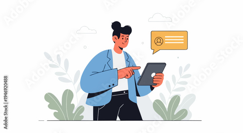 Person interacts with a tablet, a chat bubble appears above