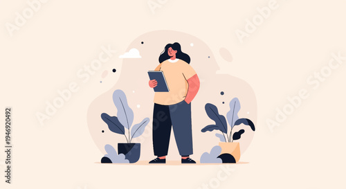 Person with tablet and plants in a minimalist flat illustration style
