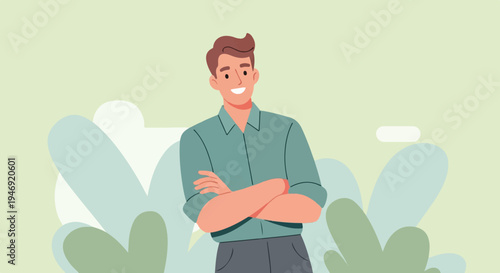 Cheerful man with crossed arms in a collared shirt, smiling