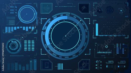 Futuristic interface display with circular and rectangular data visualizations