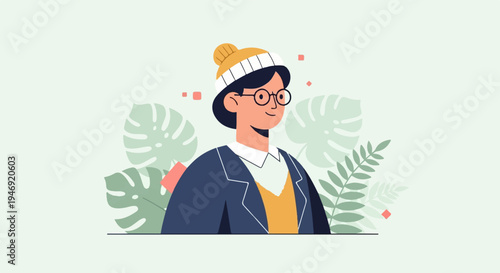 Modern flat illustration of a person with glasses and a beanie, surrounded by tropical leaves