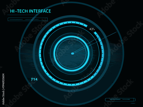 Futuristic hi tech interface with a circular radar and percentage display