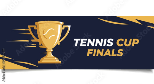 Elegant Tennis Finals Trophy Design With Dynamism and Text Over Dark Background