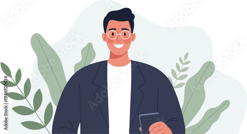 Cheerful man with glasses and suit holding a device, surrounded by abstract foliage