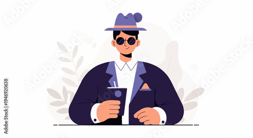 Stylish person in a hat, suit, and sunglasses holds a drink