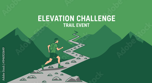 Elevation Challenge: Trail Event Depicting Runner's Ascent to Mountain Top Over Rocky Terrain