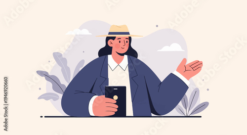 Stylish woman in hat and jacket holds smartphone, gesturing with hand