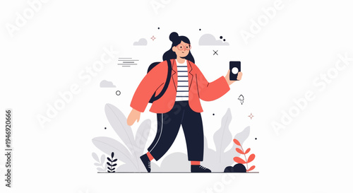 Trendy person with backpack and phone, strolling amidst stylized plants and abstract shapes