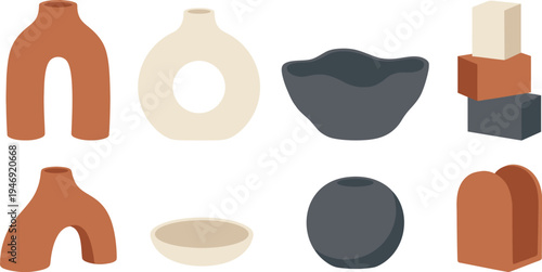 Minimalist ceramic sculptural decor objects with arched vase donut vase organic bowl geometric block sculpture trinket dish in terracotta cream charcoal for earthy home design