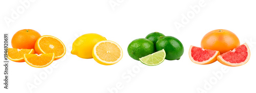 A colorful arrangement of various citrus fruits including oranges, lemons, limes and grapefruits. Showing fresh produce in detail