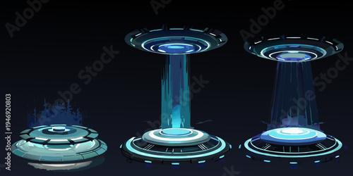 Futuristic holographic displays with glowing blue light and sleek designs