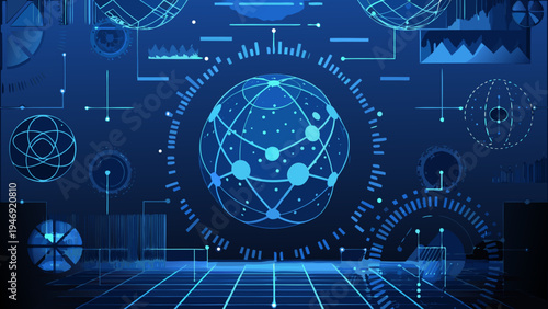 Abstract digital network with glowing lines and geometric shapes in blue