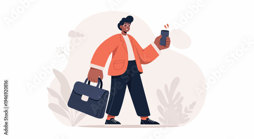 A stylized person in an orange blazer holds a briefcase and a smartphone, with abstract shapes in background