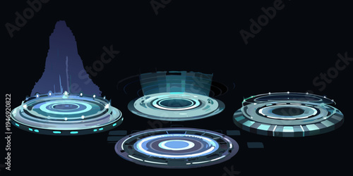 Futuristic platforms and a spire in a dark digital environment