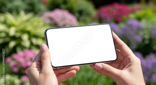 Hands Holding Smartphone with Blank Horizontal Screen in Flower Garden, Mobile Phone Landscape Mockup with Nature Background for Video App, Mobile UI Design, Digital Advertising or Social Media