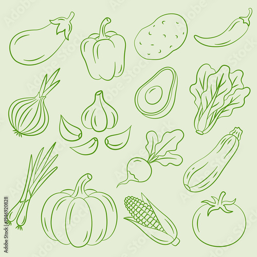Hand-drawn vegetable line art icon set, organic garden vegetables collection in green minimalist style