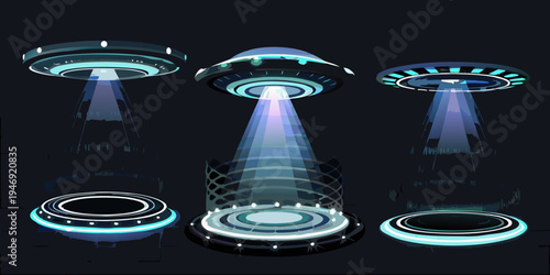 Three unidentified flying objects illuminate a futuristic circular platform