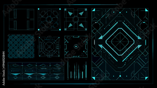 Futuristic user interface elements and geometric patterns in teal and black