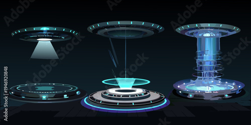 Futuristic spacecraft and platforms with glowing blue energy elements