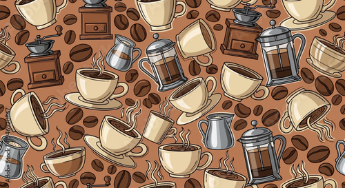 Brown coffee cups and coffee beans.