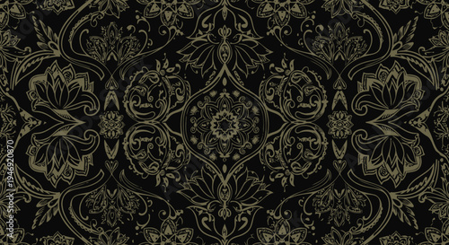 Intricate Dark Floral Damask Pattern.