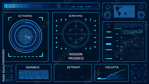 Futuristic user interface with radar maps and data visualizations