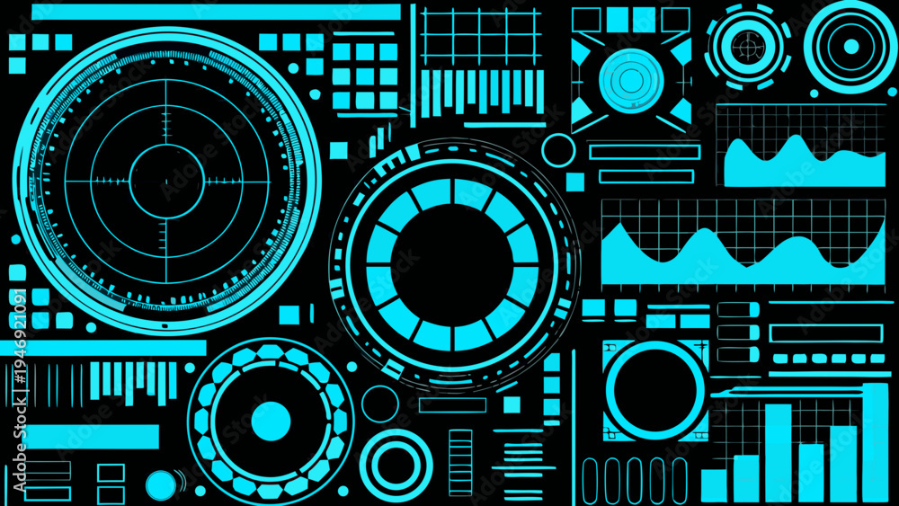 Fototapeta premium Abstract digital interface with glowing blue geometric shapes on black