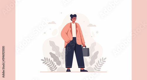 Confident individual in formal attire, holding a briefcase amidst stylized foliage