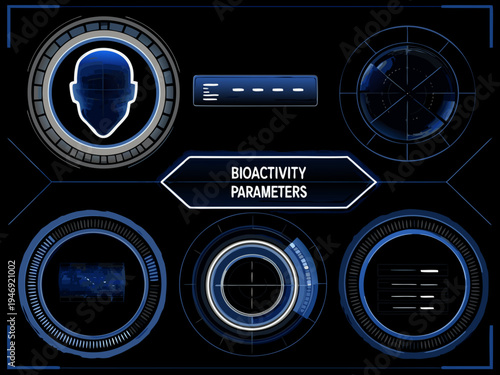 Futuristic interface displaying biometric data and parameters on a dark background