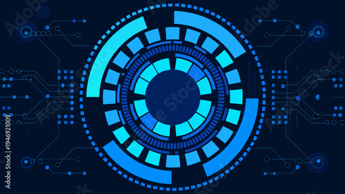 Abstract digital circuit design with concentric rings and glowing lines