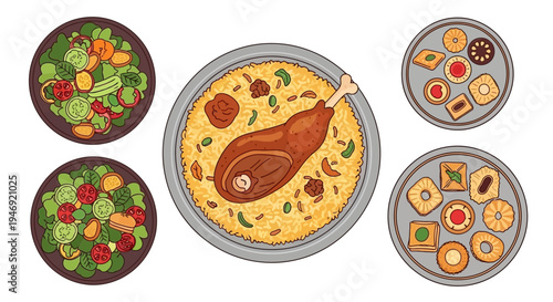 Variety of colorful food on plates.