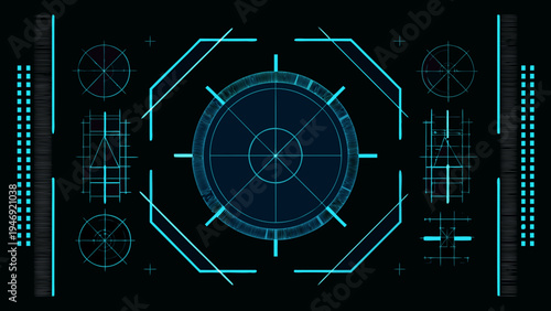 Futuristic heads up display with geometric shapes and glowing blue lines