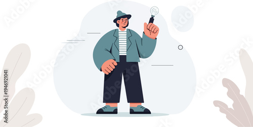 A person wearing a hat and jacket holds a lightbulb, symbolizing an idea