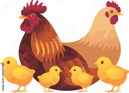 Cute cartoon family of chickens with mother hen and chicks isolated on transparent background