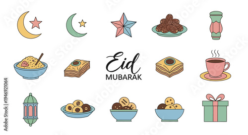Eid Mubarak festive food and gifts.