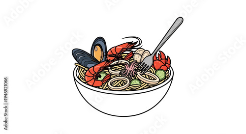 Delicious seafood pasta bowl with noodles.
