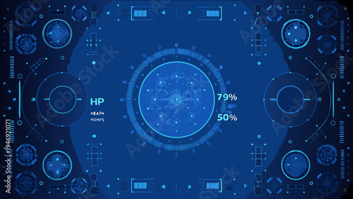 Futuristic user interface display with health points and circular visual elements