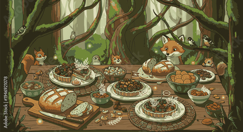 Whimsical Forest Feast with Animals and Food.