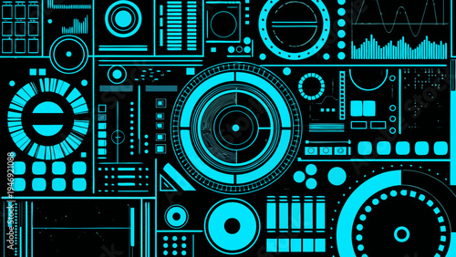 Complex blue technical interface with circular and linear elements