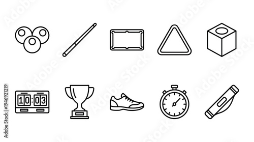 A clean line art collection of sports-related icons, including billiard balls, cues, and rack, trophy, shoe, stopwatch, scoreboard, and thermometer.