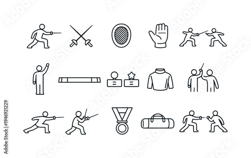 Minimal line icon set of fencing sport elements with duelists, crossed swords, mask, glove, referee, piste, medal, bag, and jacket