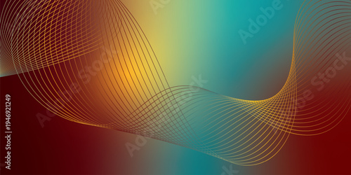 Glowing marron, yeallow, and LightSeaGreen flowing ribbons sweeping through a dark mysterious background scattered with tiny sparkling particles, futuristic digital tech style, vector illustration.