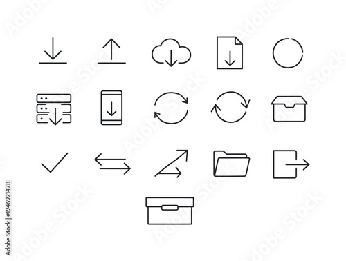 Minimal line icon set featuring download, upload, cloud sync, document save, refresh arrows, folder, archive box, checkmark, and navigation symbols