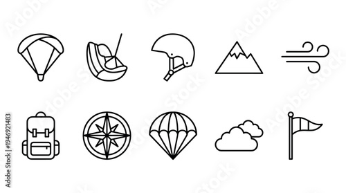 A collection of simple black and white line art icons representing outdoor adventure and extreme sports, including paragliding, hiking, and navigation.
