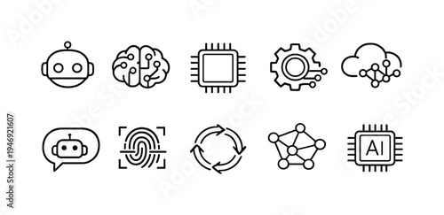 Minimal line icons representing artificial intelligence technologies including robot, neural brain, microchip, automation gear, cloud computing, and analytics