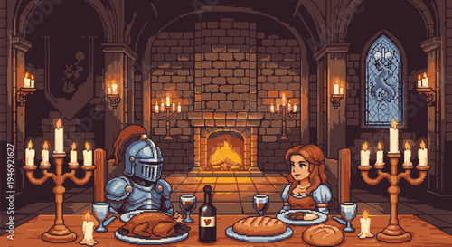 Medieval Couple Dining in Castle Hall.