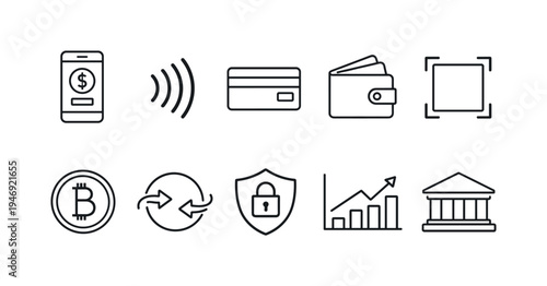 Minimal line icons set for digital payments and finance, including mobile money, contactless NFC, cards, wallet, QR scan, crypto, security, banking