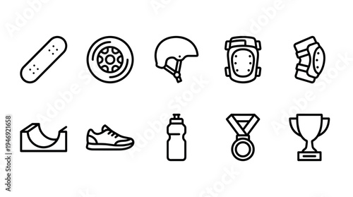 A collection of minimalist line art icons representing skateboarding and general sports equipment, including a skateboard, helmet, protective gear, and trophy.
